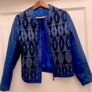 Unique blue leather jacket with woven pattern on front